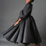 EVE Plus Size Color Bubble Sleeve Big Swing Midi Dress GCZF-491-C1