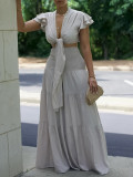 EVE Plus Size Short Sleeve Tie Two Piece Pants Set GCZF-8586