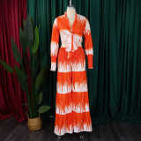 EVE Plus Size Print Long Sleeve Tie Two Piece Pants Set GCZF-8598