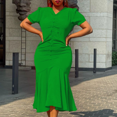 EVE Plus Size Solid Color V Neck Short Sleeve Midi Dress GCZF-8507