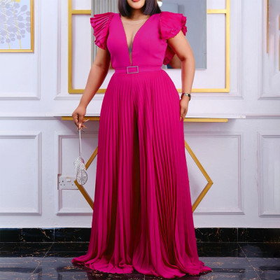 EVE Plus Size Solid Color Press Pleated Loose Jumpsuit GCZF-8491