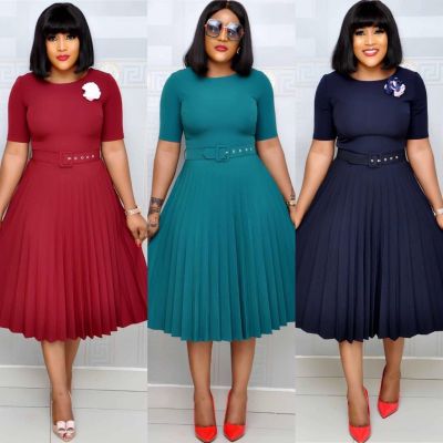 EVE Plus Size Solid Color Pleated Midi Dress GCZF-D049
