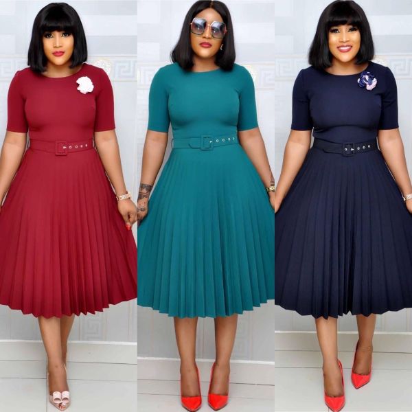EVE Plus Size Solid Color Pleated Midi Dress GCZF-D049