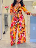 EVE Plus Size Lapel Print Shirt Wide Leg Pants Suit GCZF-8597