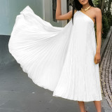 EVE Plus Size Pleated Slash Shoulder Loose Midi Dress GCZF-8552
