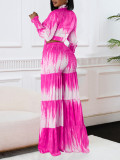 EVE Plus Size Print Long Sleeve Tie Two Piece Pants Set GCZF-8598