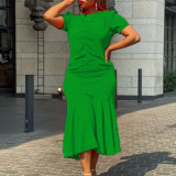 EVE Plus Size Solid Color V Neck Short Sleeve Midi Dress GCZF-8507