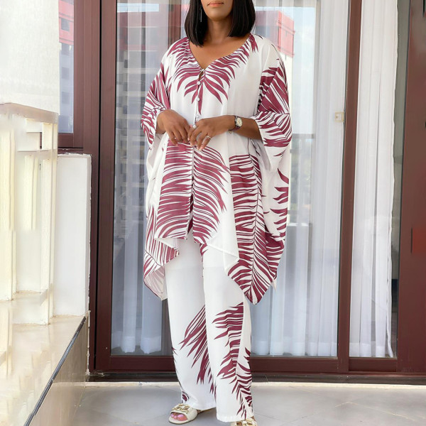 EVE Plus Size V Neck Loose Print Two Piece Pants Set GCZF-8584