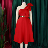 EVE Plus Size Solid Color Slash Shoulder Midi Dress(Without Belt) GCZF-8607