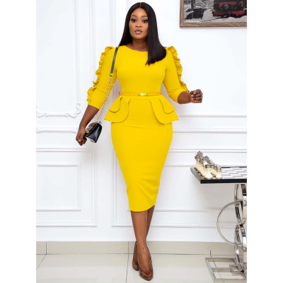EVE Plus Size Solid Color Long Sleeve Midi Dress GCZF-D092