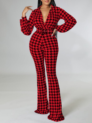 EVE Plus Size Print Bubble Sleeve Tie Jumpsuit GCZF-8559