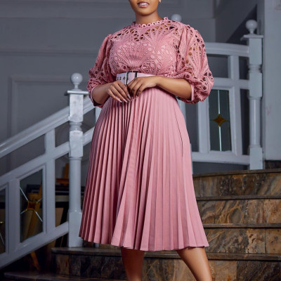 EVE Plus Size Lace Hollow Out Press Pleated Midi Dress GCZF-D254-C2
