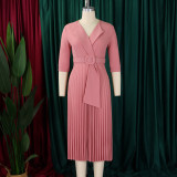 EVE Plus Size Suit Collar 3/4 Sleeve Pleated Dress GCZF-8599