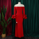 EVE Plus Size One Neck Ruffles Sleeve Split Maxi Dress GCZF-MG481-C1
