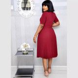 EVE Plus Size Solid Color Pleated Midi Dress GCZF-D049