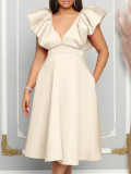 EVE Plus Size Deep V Neck Solid Midi Dress GCZF-8544