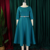 EVE Plus Size Solid Color Half Sleeve Midi Dress(With Belt) GCZF-8600