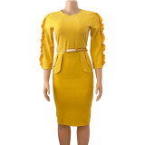 EVE Plus Size Solid Color Long Sleeve Midi Dress GCZF-D092