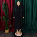 EVE Plus Size V Neck Solid Color Belt Maxi Dress GCZF-8557