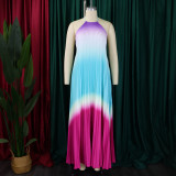 EVE Plus Size Hang Neck Loose Gradient Color Pleated Maxi Dress GCZF-8583