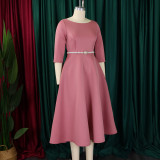 EVE Plus Size Solid Color Half Sleeve Midi Dress(With Belt) GCZF-8600