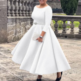 EVE Plus Size Solid Color Half Sleeve Midi Dress(With Belt) GCZF-8600