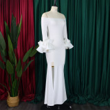 EVE Plus Size One Neck Ruffles Sleeve Split Maxi Dress GCZF-MG481-C1