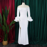 EVE Plus Size One Neck Ruffles Sleeve Split Maxi Dress GCZF-MG481-C1