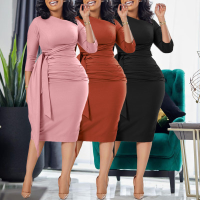 EVE Plus Size Pleated 3/4 Sleeve Solid Midi Dress GCZF-8516