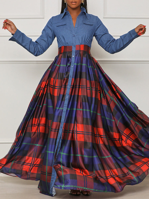 EVE Plus Size Denim Patchwork Plaid Maxi Dress GCZF-D452-C1