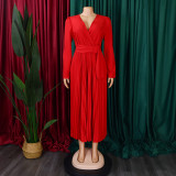 EVE Plus Size V Neck Solid Color Belt Maxi Dress GCZF-8557
