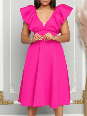EVE Plus Size Deep V Neck Solid Midi Dress GCZF-8544