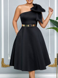 EVE Plus Size Solid Color Slash Shoulder Midi Dress(Without Belt) GCZF-8607