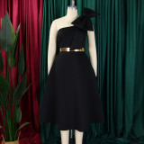 EVE Plus Size Solid Color Slash Shoulder Midi Dress(Without Belt) GCZF-8607
