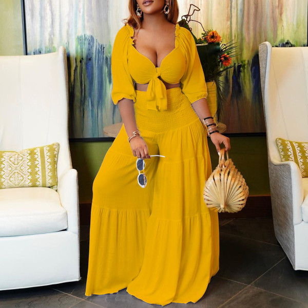 EVE Plus Size Solid Color Short Sleeve Loose 2 Piece Set GCZF-8493