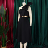 EVE Plus Size Solid Color Slash Shoulder Midi Dress(Without Belt) GCZF-8607