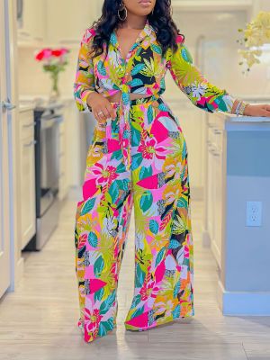 EVE Plus Size Lapel Print Shirt Wide Leg Pants Suit GCZF-8597