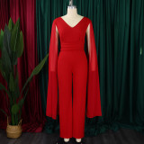 EVE Plus Size V-neck Top Wide Leg Pants 2 Piece Set GCZF-8561