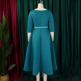 EVE Plus Size Solid Color Half Sleeve Midi Dress(With Belt) GCZF-8600