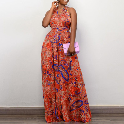 EVE Plus Size Print Halter Backless Jumpsuit GCZF-8487