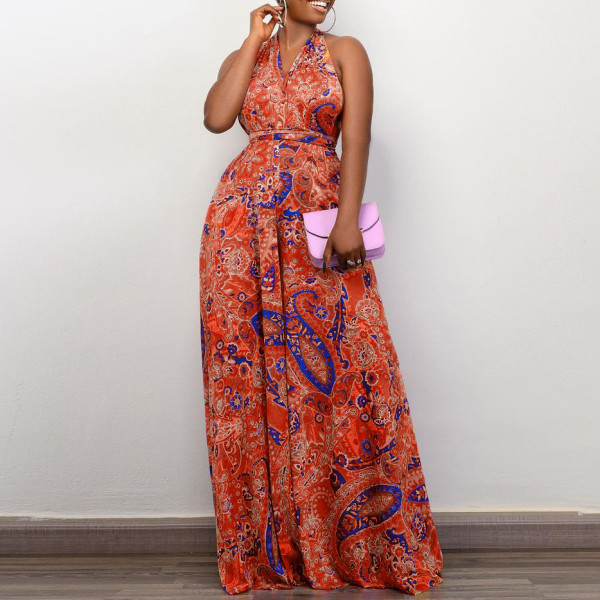 EVE Plus Size Print Halter Backless Jumpsuit GCZF-8487