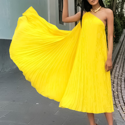 EVE Plus Size Pleated Slash Shoulder Loose Midi Dress GCZF-8552