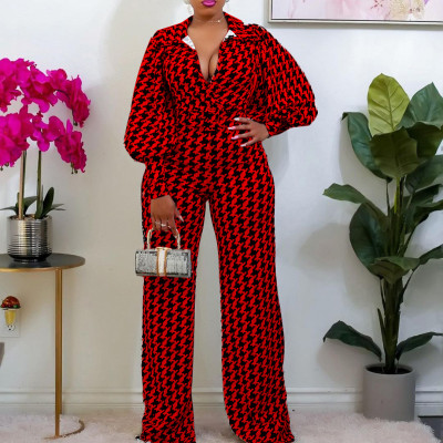 EVE Plus Size Print Long Sleeve Straight Jumpsuit GCZF-8442