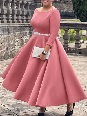 EVE Plus Size Solid Color Half Sleeve Midi Dress(With Belt) GCZF-8600
