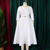 EVE Plus Size Solid Color Half Sleeve Midi Dress(With Belt) GCZF-8600