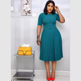 EVE Plus Size Solid Color Pleated Midi Dress GCZF-D049
