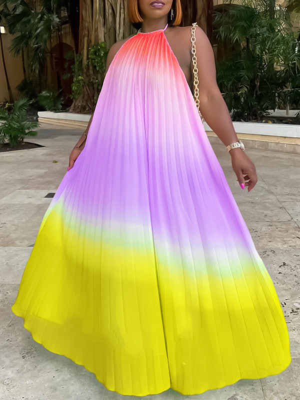 EVE Plus Size Hang Neck Loose Gradient Color Pleated Maxi Dress GCZF-8583