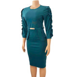 EVE Plus Size Solid Color Long Sleeve Midi Dress GCZF-D092