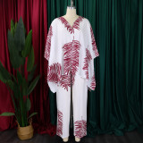 EVE Plus Size V Neck Loose Print Two Piece Pants Set GCZF-8584