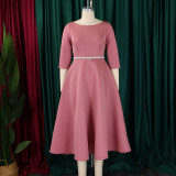 EVE Plus Size Solid Color Half Sleeve Midi Dress(With Belt) GCZF-8600